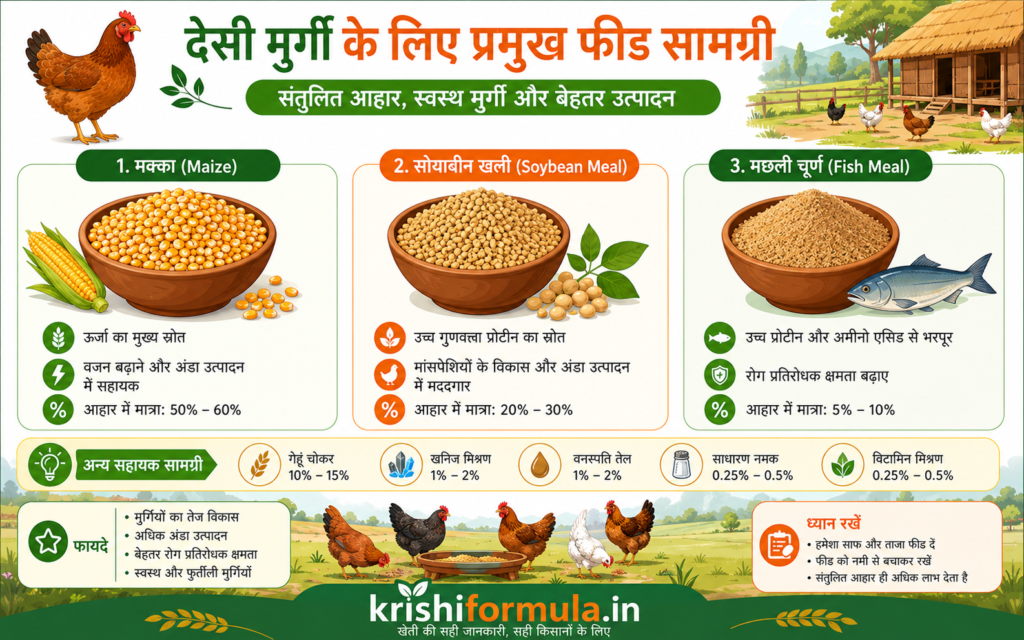 Desi murgi ke liye mukhya feed samagri jaise makka, soybean khali aur machli churn ka chart - krishiformula.in