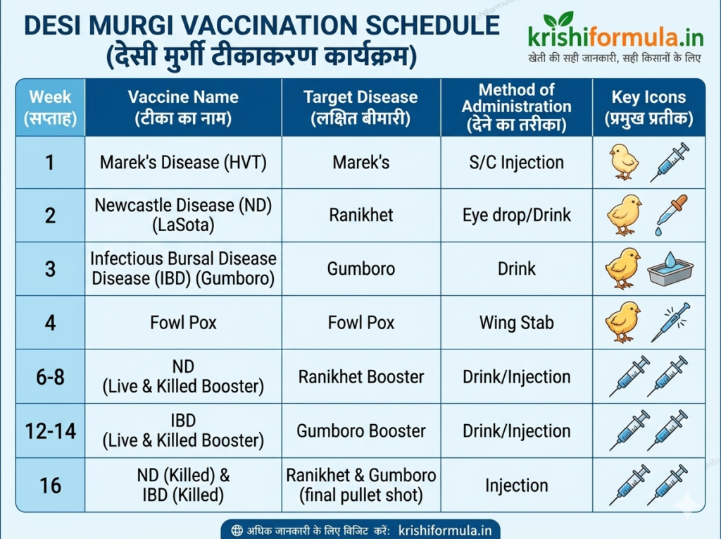  Desi murgi ka tikakaran karyakram aur vaccine schedule chart (Ranikhet, Marek's, Gumboro, Fowl Pox)