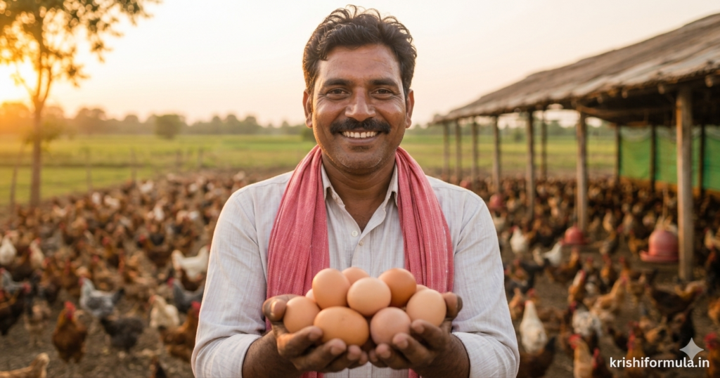 Desi murgi farm me hat me ande liye muskurata hua bharat ka kisan-krishiformula.in