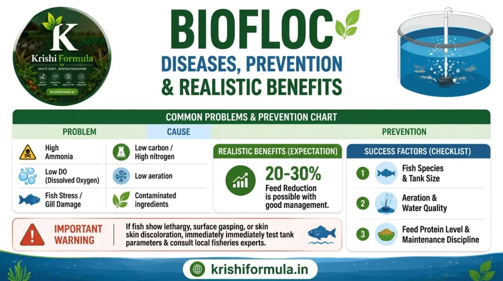 Biofloc fish farming diseases prevention and benefits infographic