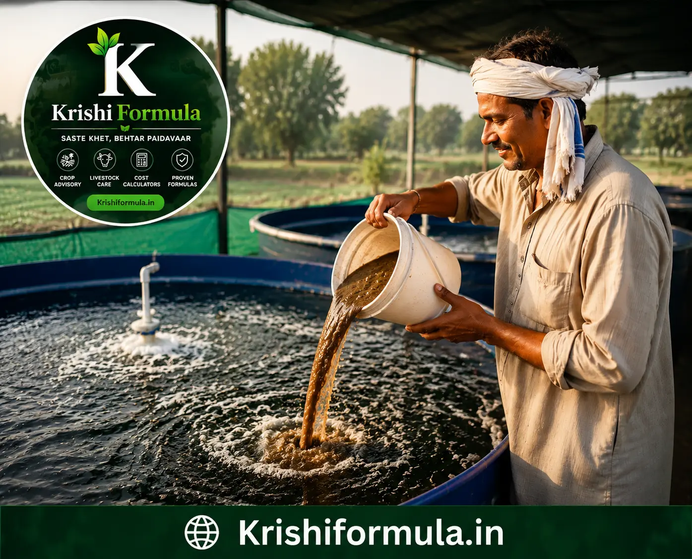 Indian farmer adding fermented carbon mixture in biofloc fish tank