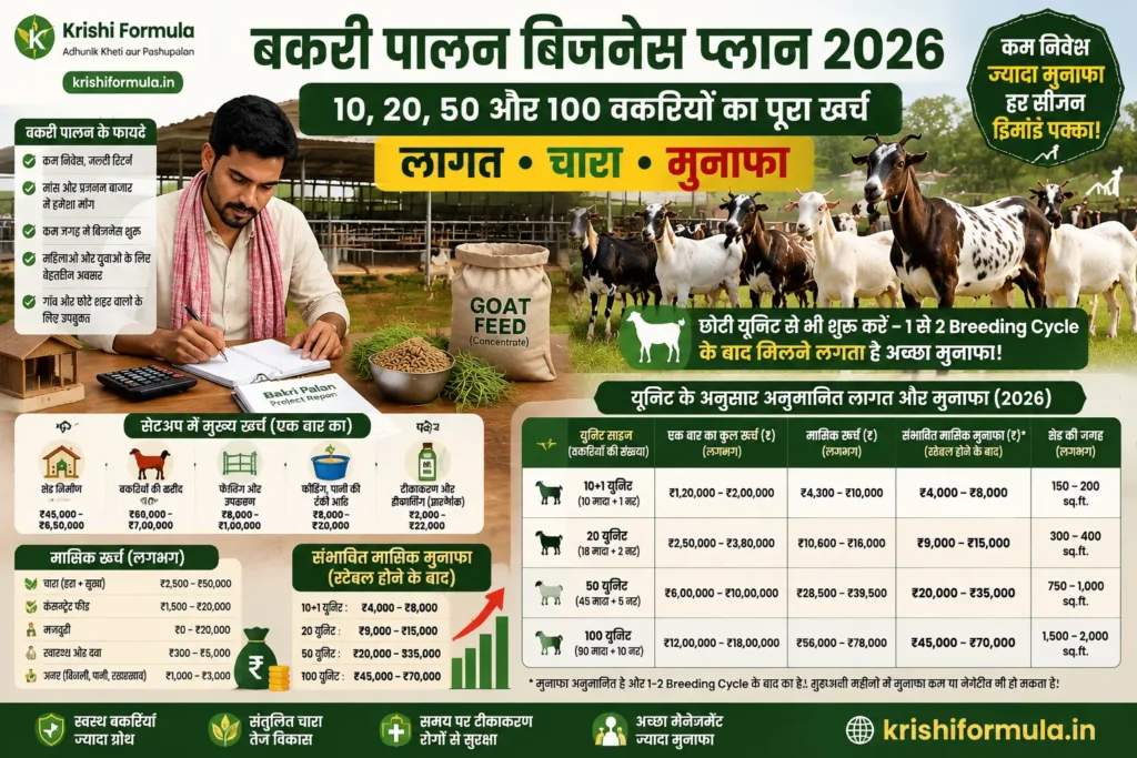 Krishi Formula ki is image me modern bakri shed design aur space planning ko dikhaya gaya hai. Isme raised floor, proper ventilation, feeding trough, clean water system aur hygienic goat farming management ki jankari shamil hai.